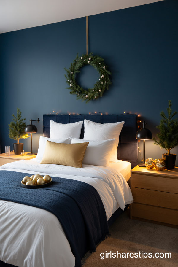 Modern Navy And Gold Christmas Master Bedroom