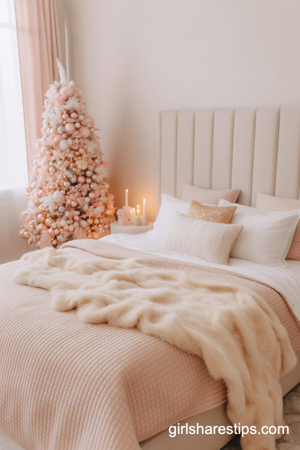 Pastel Dreamy Christmas Bedroom In Soft Blush Tones