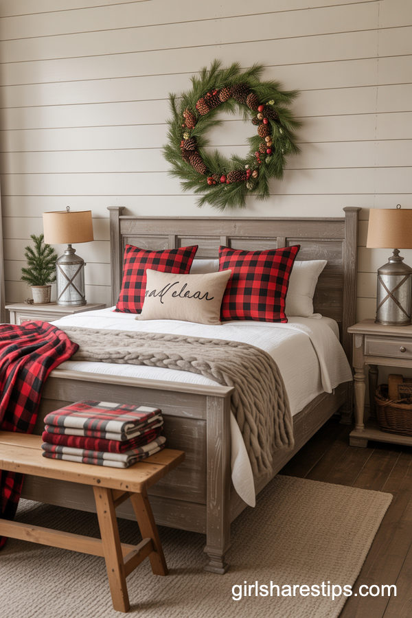 Rustic Farmhouse Christmas Bedroom With Plaid Accents