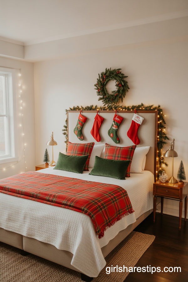 Traditional American Christmas Bedroom In Classic Red And Green