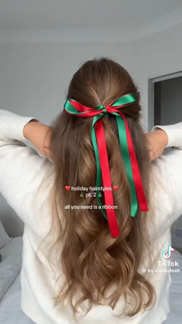 Festive Red and Green Ribbon Hairstyle