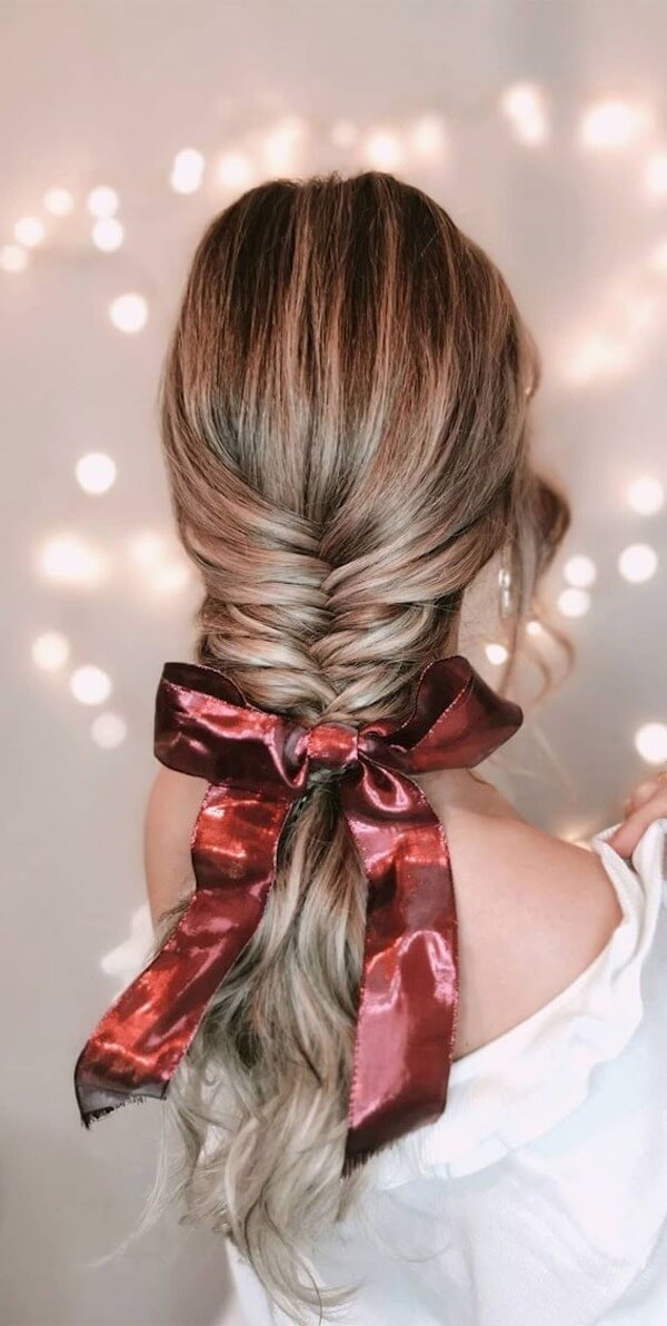 Fishtail Braid with Holiday Bow