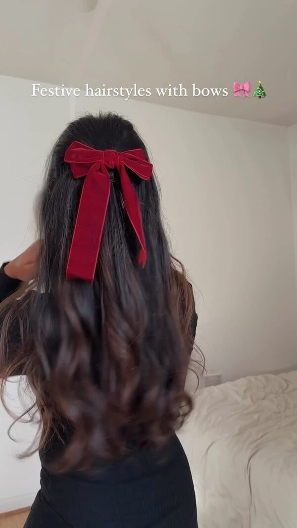 Festive Half-Up Curls With Red Bow