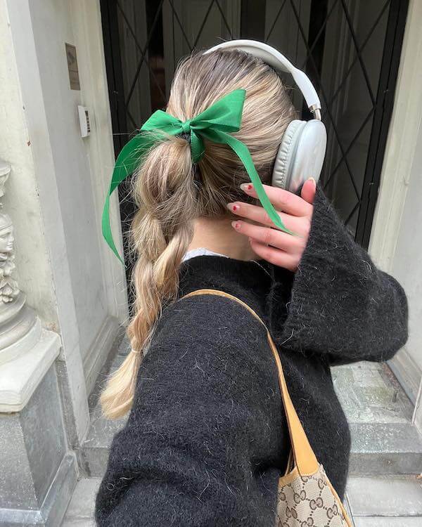 Braided Ponytail With Green Bow