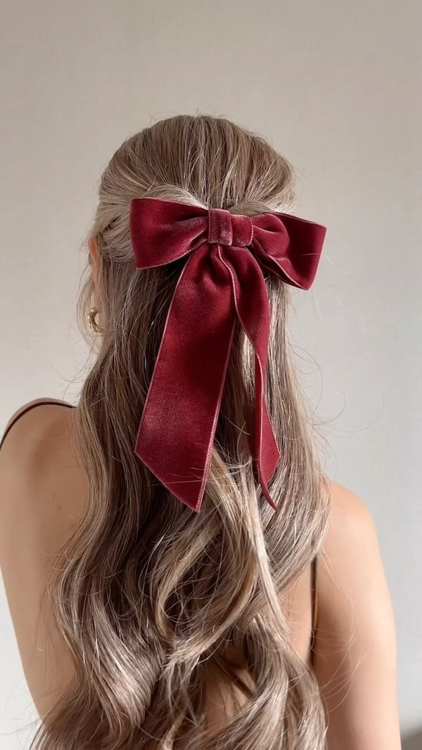 Classic Half-Up Hairstyle With Burgundy Bow
