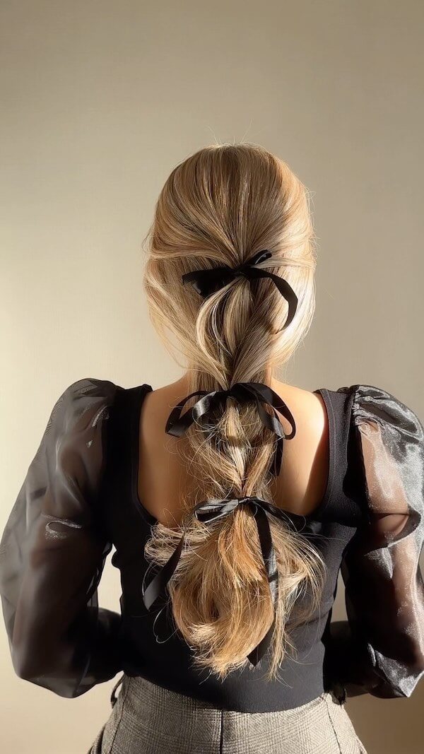 Triple Bow Braided Holiday Hairstyle