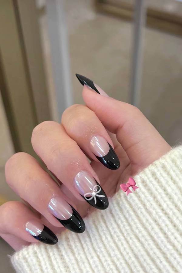 Black French Tips with Bow Accent