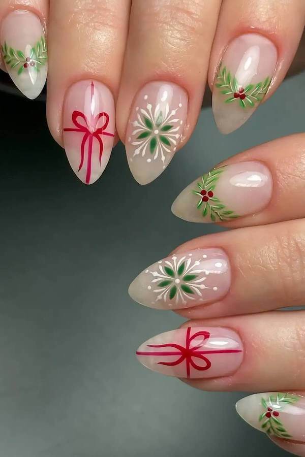 Festive Christmas Bow and Holly Nail Art