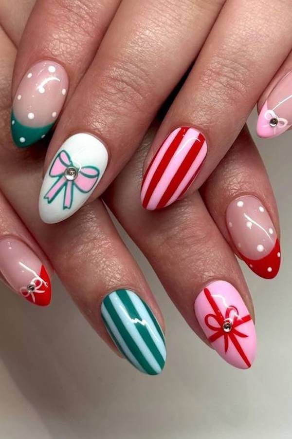 Candy Cane and Bow Christmas Nails