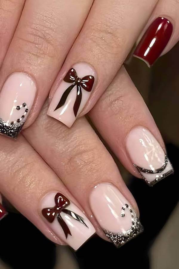Burgundy Bow Accent Holiday Nails