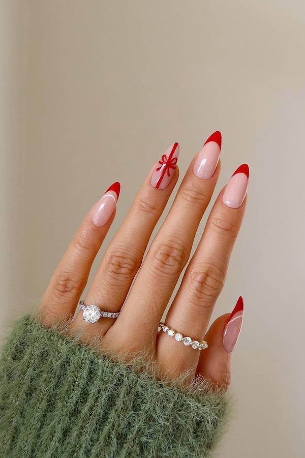 Red French Tips with Bow Design
