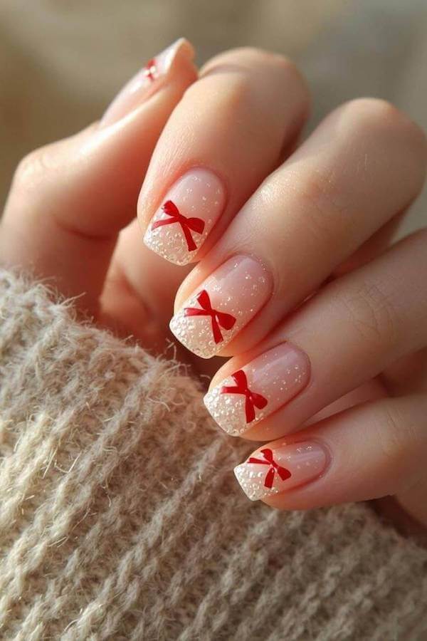 Cute Red Bow Tips Christmas Nails