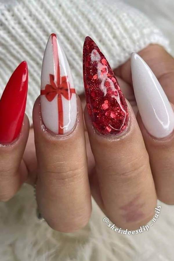 Red and White Gift Bow Stiletto Nails
