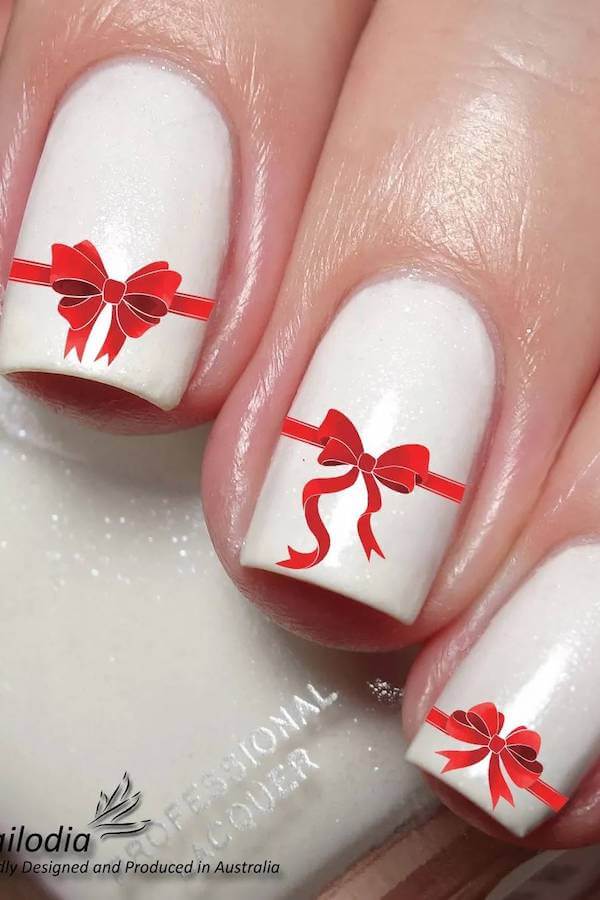 Classic White Nails with Red Bows
