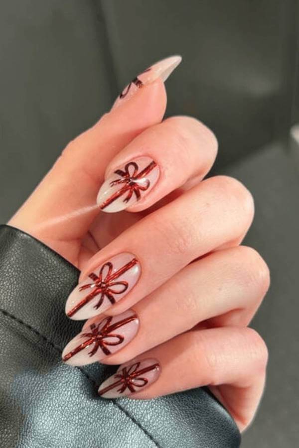 Classic Red Ribbon Christmas Nails
