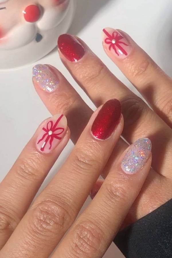 Red Sparkle and Bow Accent Nails