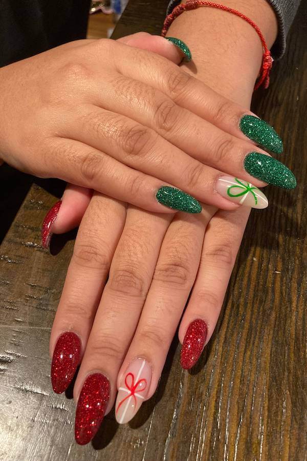 Festive Green and Red Bow Nails
