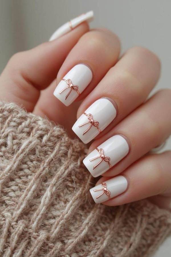 Minimalist White and Gold Bow Nails