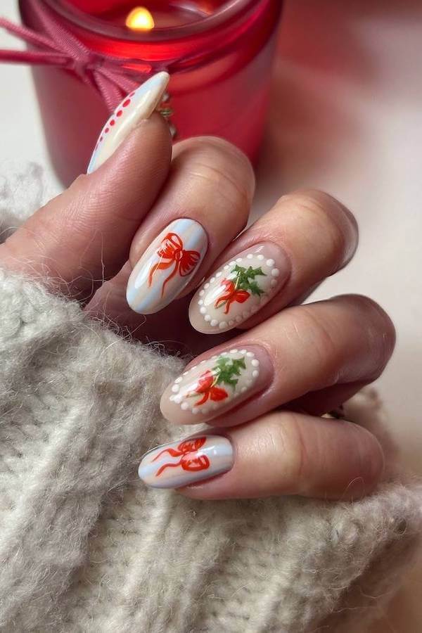 Hand-Painted Holly and Bow Nails
