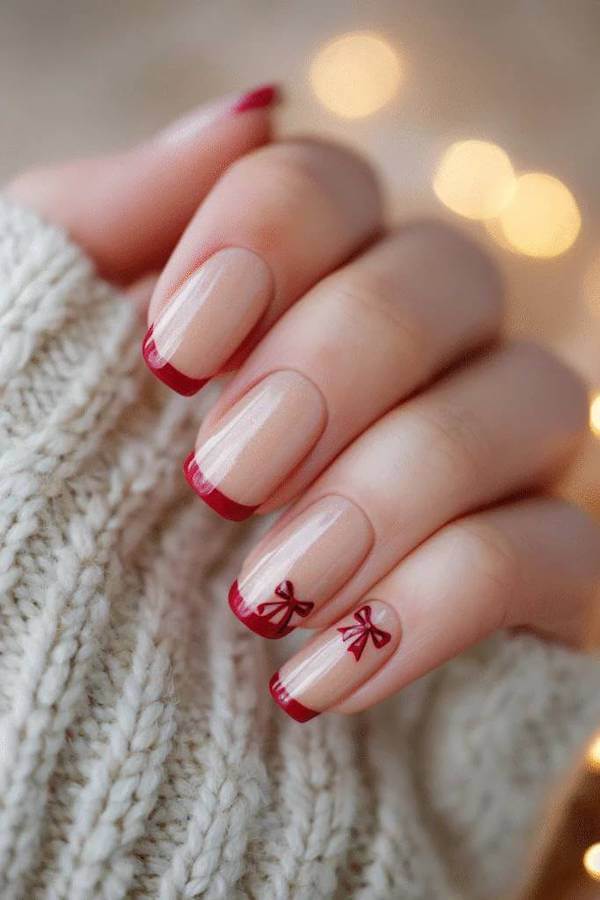 Red French Tips with Cute Bows