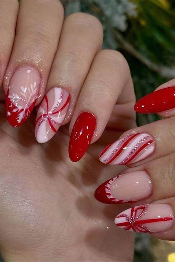 Peppermint and Red Bow Christmas Nails