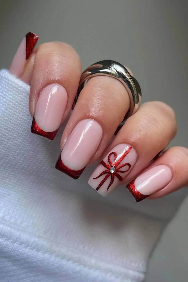 Red French Tip Christmas Bow Nails