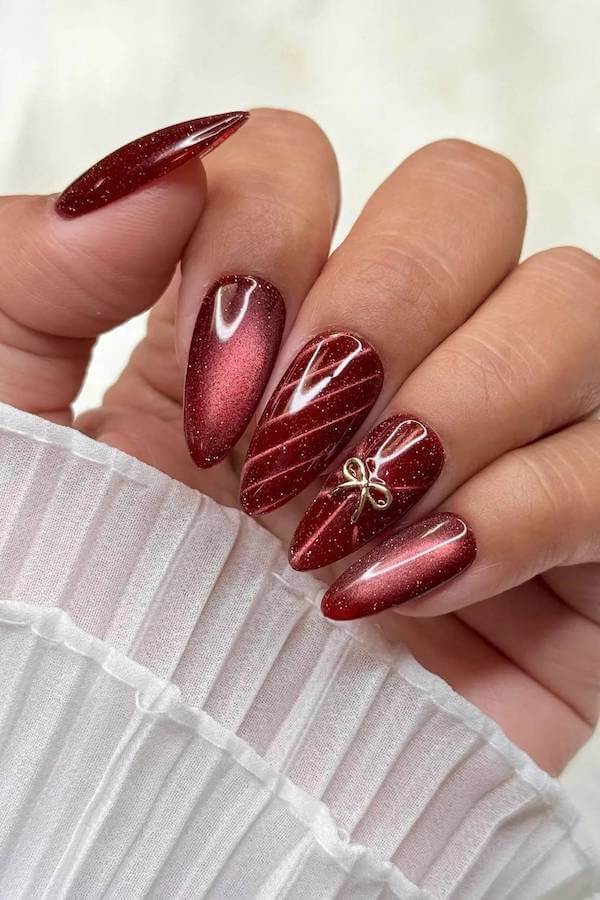 Shimmery Red Bow Accent Nails