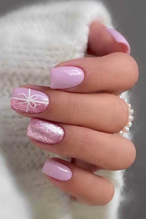 Pink Glitter Bow Christmas Nails