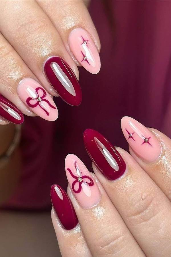 Pink and Burgundy Christmas Bow Nails