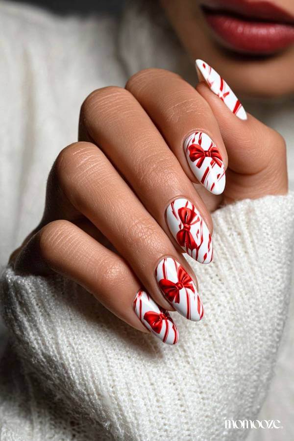 Candy Cane Stripe Bow Christmas Nails