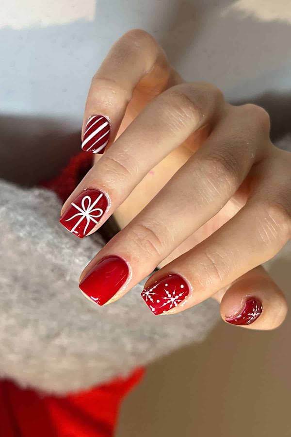 Red and White Gift Wrap Nail Art