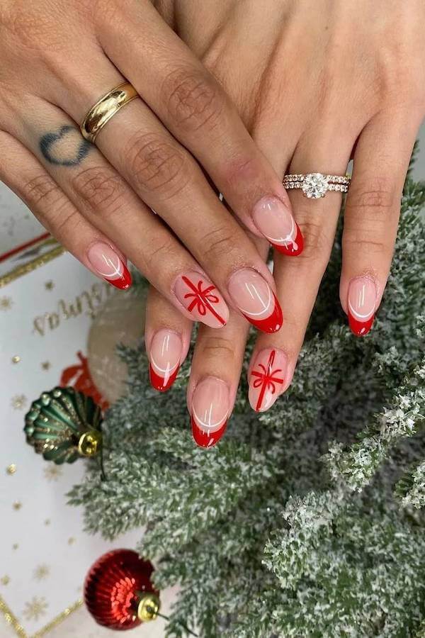 Red French Tips with Christmas Bows