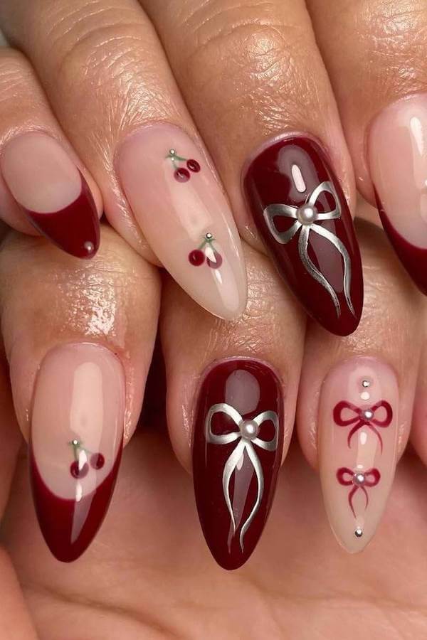 Burgundy and Silver Bow Nail Inspiration