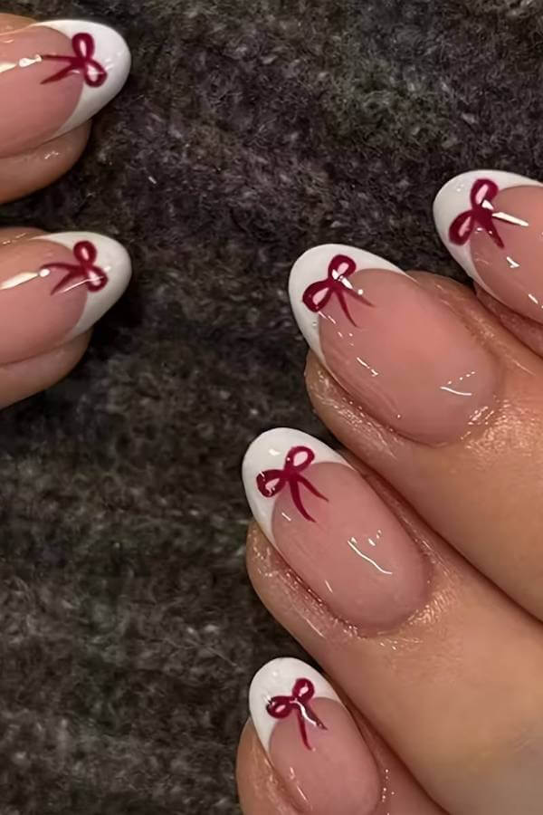 White French Tips with Red Bow Art