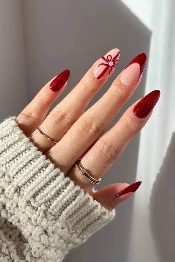 Elegant Red Gift Bow Nail Ideas