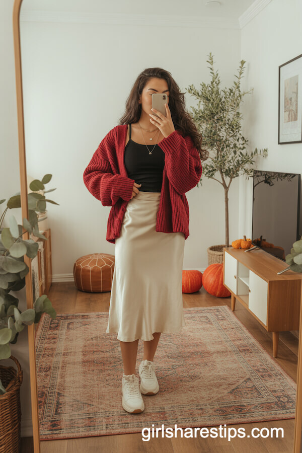 Red Cardigan With Satin Skirt And Chunky Sneakers