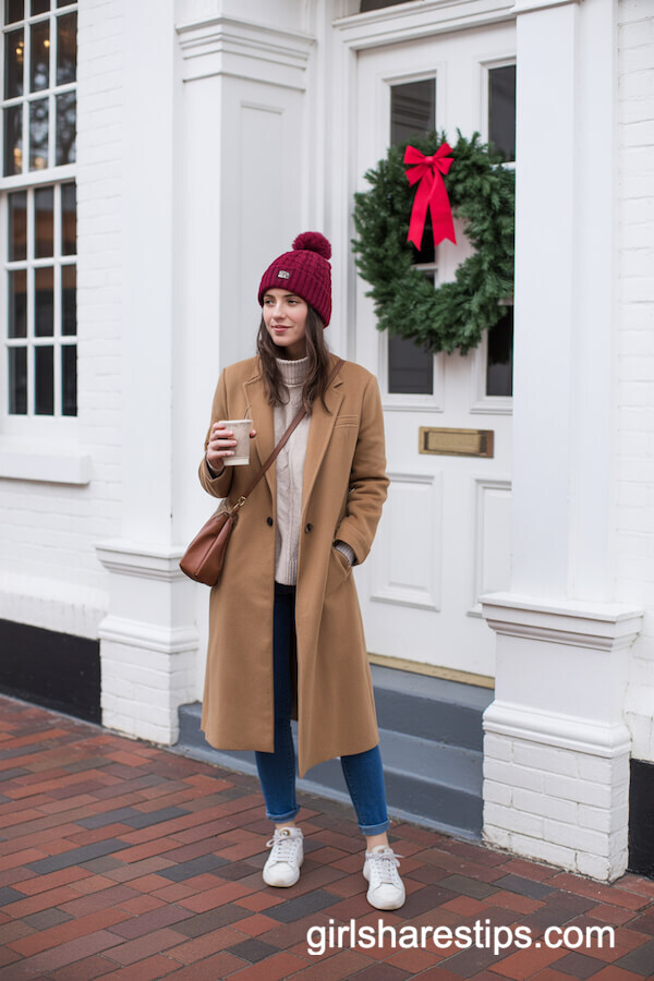 Camel Wool Coat With Blue Jeans And White Sneakers