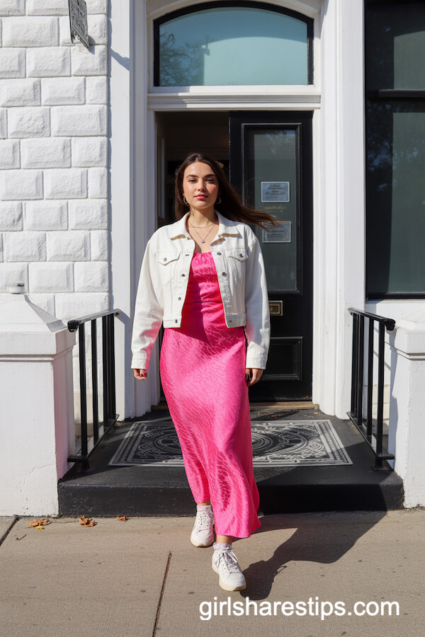 Pink Silk Maxi Dress With White Denim Jacket And Sneakers