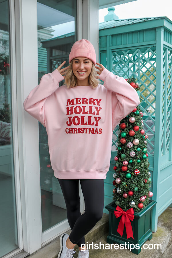 Pink Holiday Sweatshirt With Black Leggings And White Sneakers
