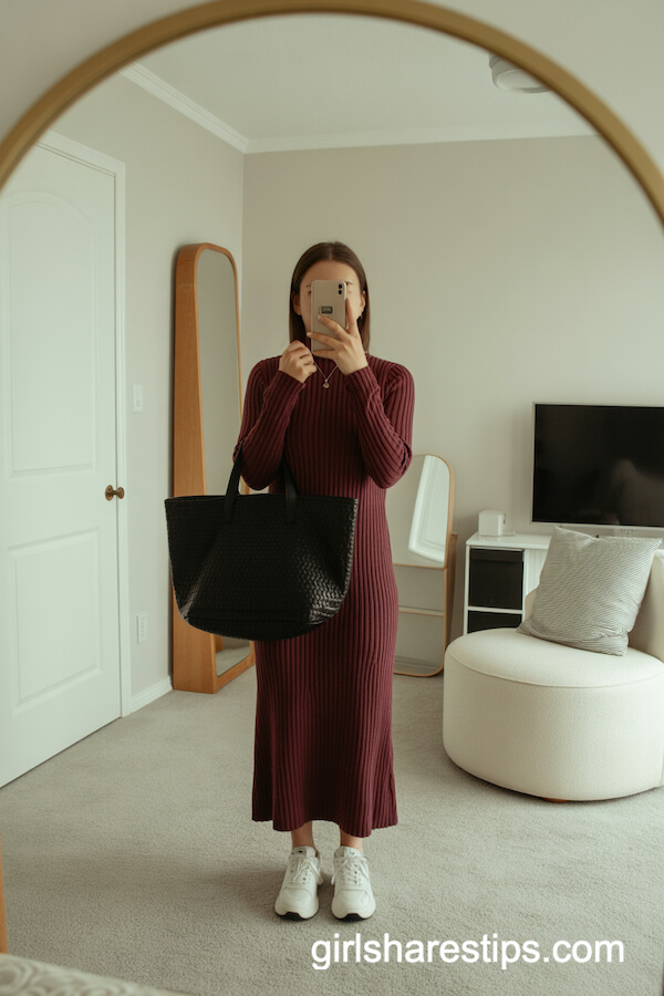 Burgundy Ribbed Knit Dress With White Chunky Sneakers