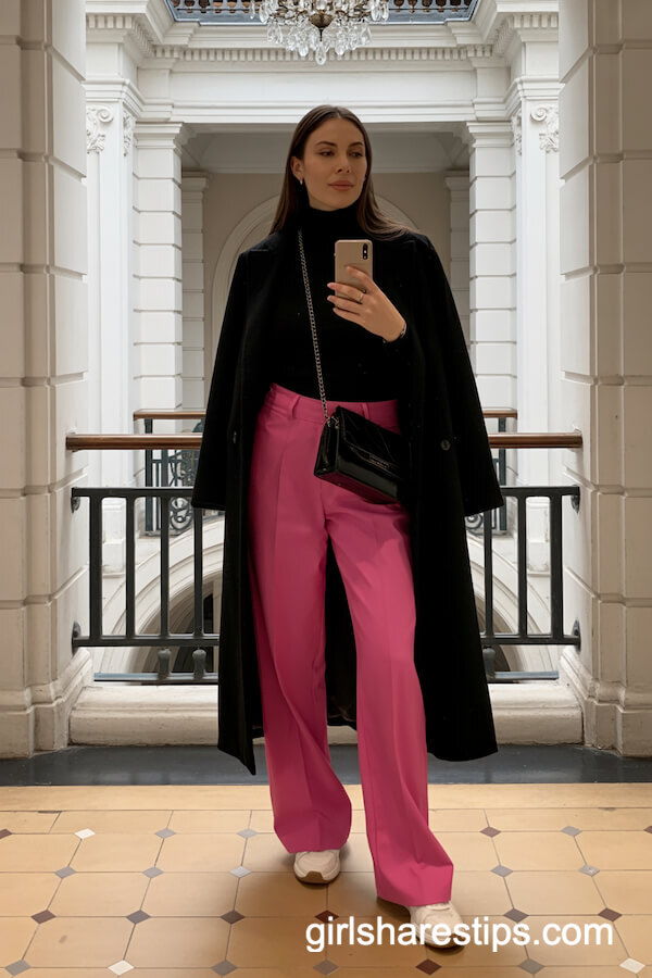 Black Coat With Hot Pink Wide Leg Trousers And White Sneakers