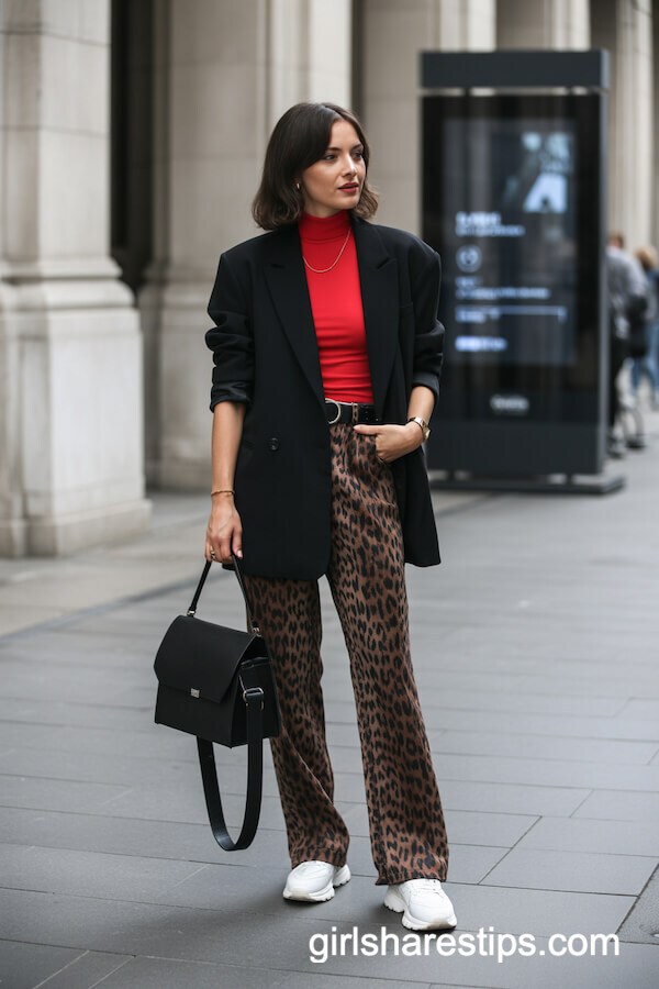 Black Blazer With Red Turtleneck And Leopard Print Pants