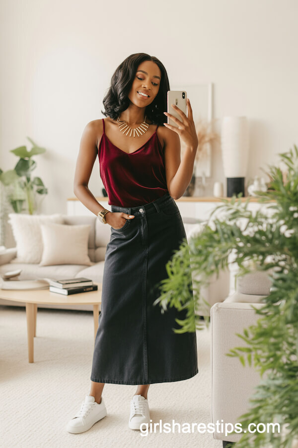 Burgundy Velvet Camisole With Maxi Jeans And White Sneakers