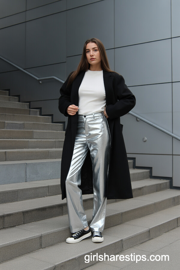 Metallic Snake Print Pants With Black Wool Coat And Sneakers