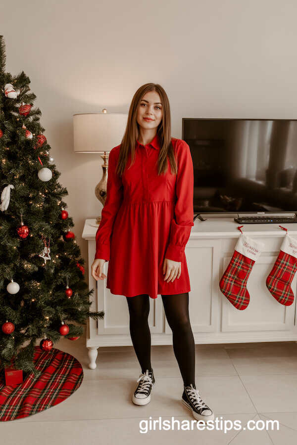 Red Dress With Black Tights And White Converse Sneakers