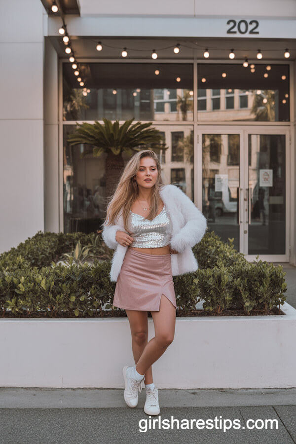 Sequined Crop Top With Pink Skirt And White High Tops