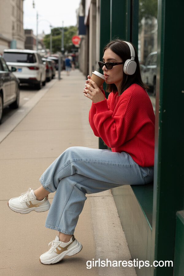 Chunky Red Knit Sweater With Light Blue Jeans And White Sneakers