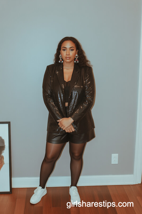 Black Sequin Blazer And Shorts With White Sneakers