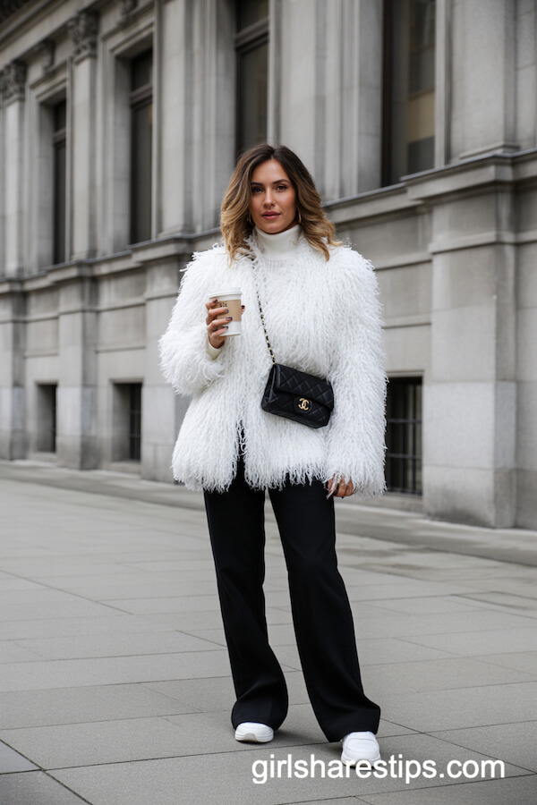 White Fur Coat With Black Trousers And White Sneakers
