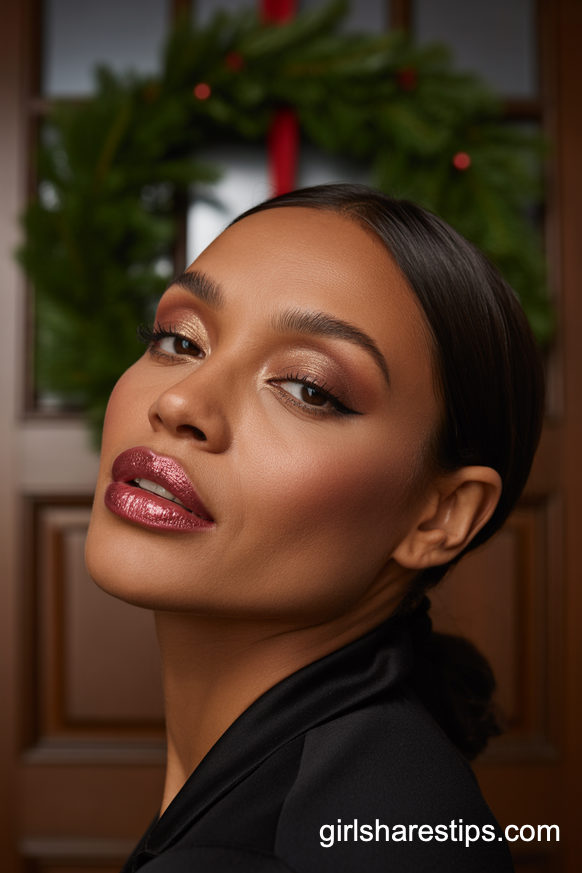 Glittering Crimson Lip with Soft Taupe Eyeshadow